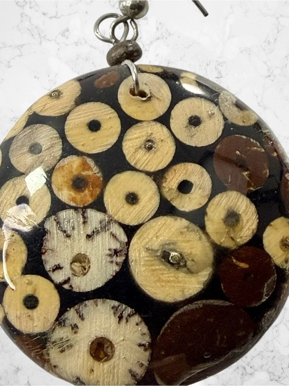 Round Mosaic Coconut Shell Brown Beige Disc Hook Earrings Boho Tribal Native